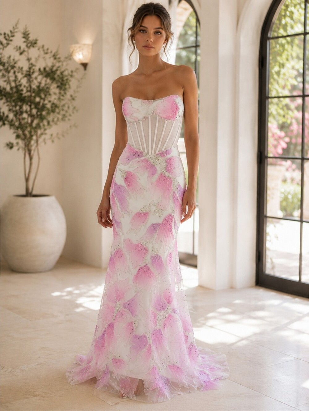 Couture Lee Pink Floral Beaded Mermaid Gown Size 0 NWT